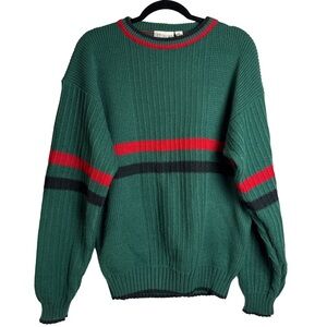 Vintage Green Ribbed Knit Sweater w Red & Black Stripes Size Large